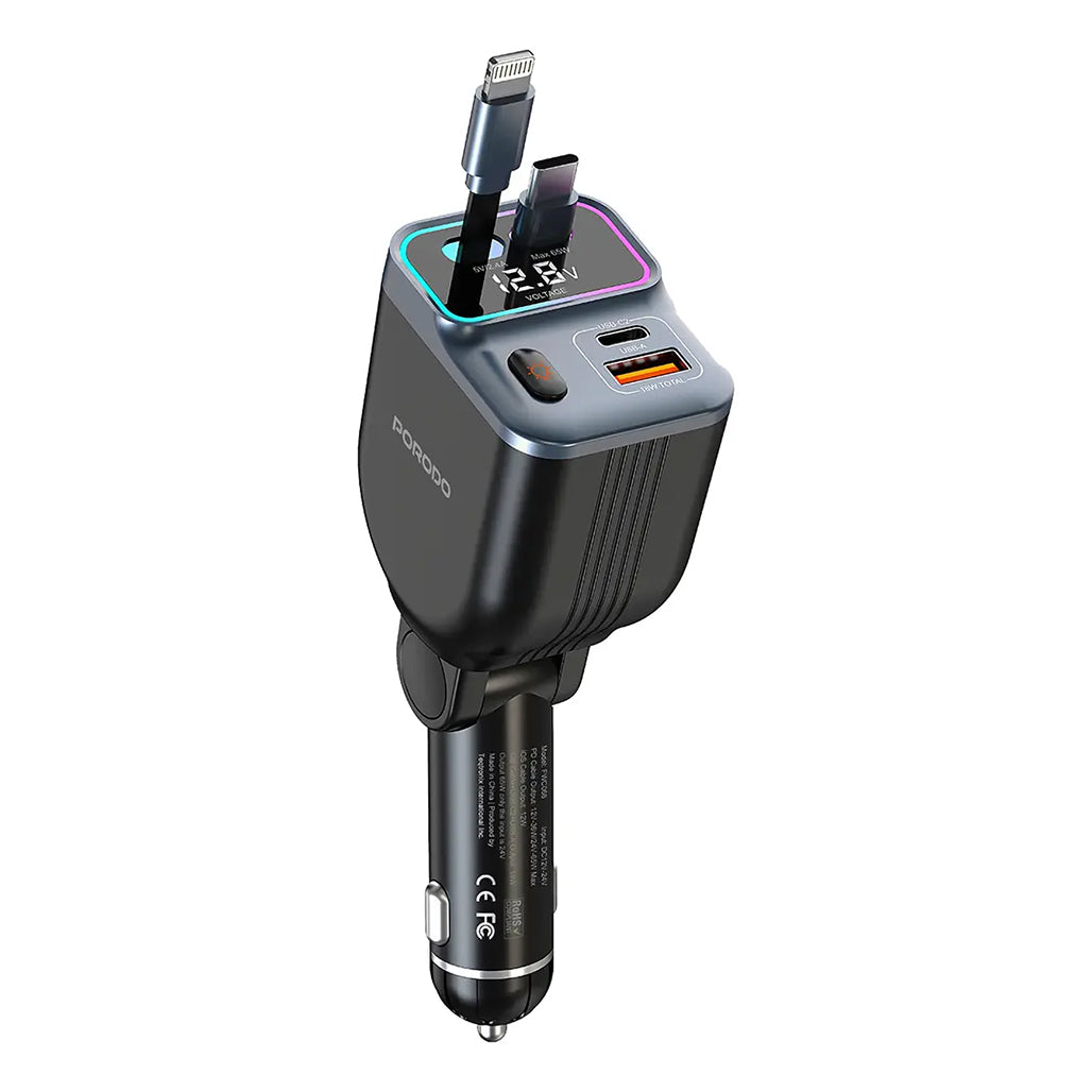 A Photo Of Porodo 65W Car Charger Dual Retractable Cable - Black