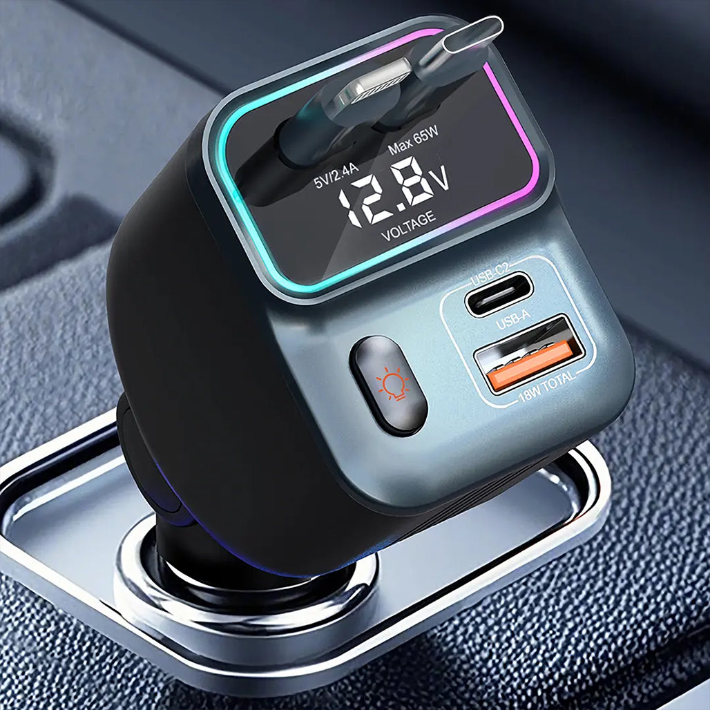 A Photo Of Porodo 65W Car Charger Dual Retractable Cable - Black