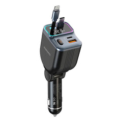 A Photo Of Porodo 65W Car Charger Dual Retractable Cable - Black