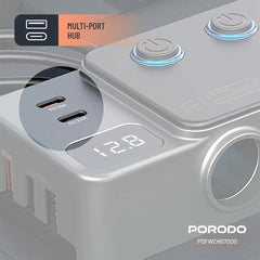 A Photo Of Porodo 120W Car Charger Hub Triple-Port Lighter Socket - Dark Gray