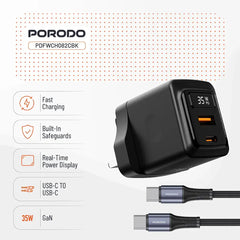 A Photo Of Porodo GaN 35W Dual Port Wall Charger with Power Display