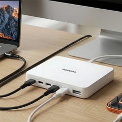 A Photo Of Porodo Velora 100W GaN Wall Charger UK Plug with 4 USB-C & 2 USB-A Ports