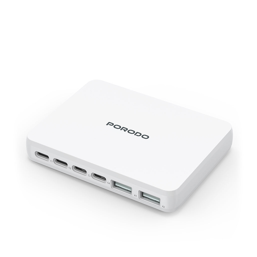 A Photo Of Porodo Velora 100W GaN Wall Charger UK Plug with 4 USB-C & 2 USB-A Ports