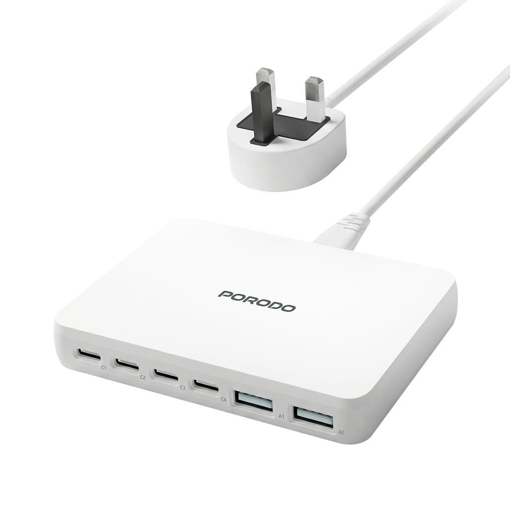 A Photo Of Porodo Velora 100W GaN Wall Charger UK Plug with 4 USB-C & 2 USB-A Ports