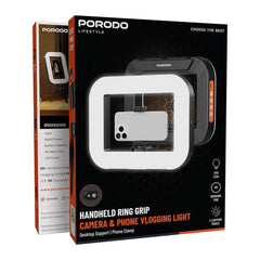 A Photo Of Porodo Lifestyle Handheld Ring Grip Camera & phone vlogging light with Desktop support & Phone clamp - Black