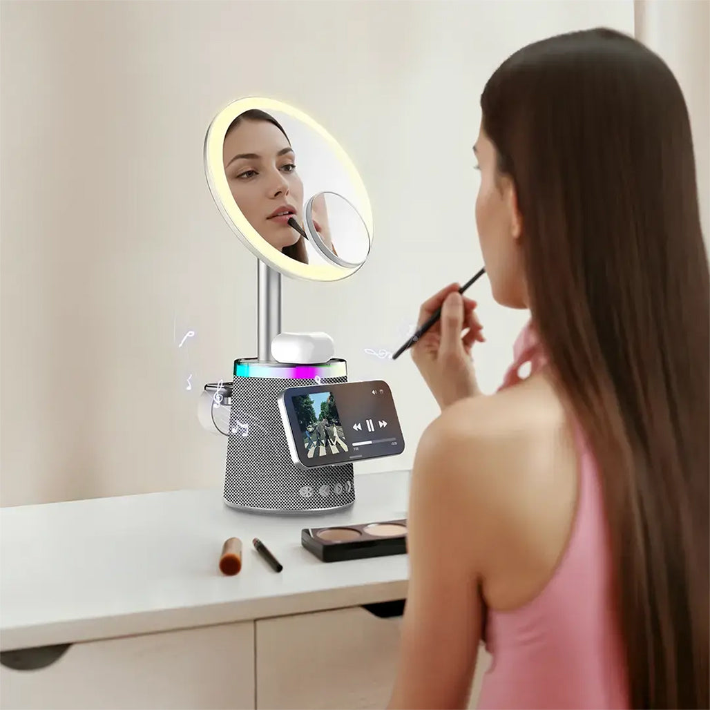 A Photo Of Porodo Makeup Mirror Wireless Charger & Speaker with RGB Lights