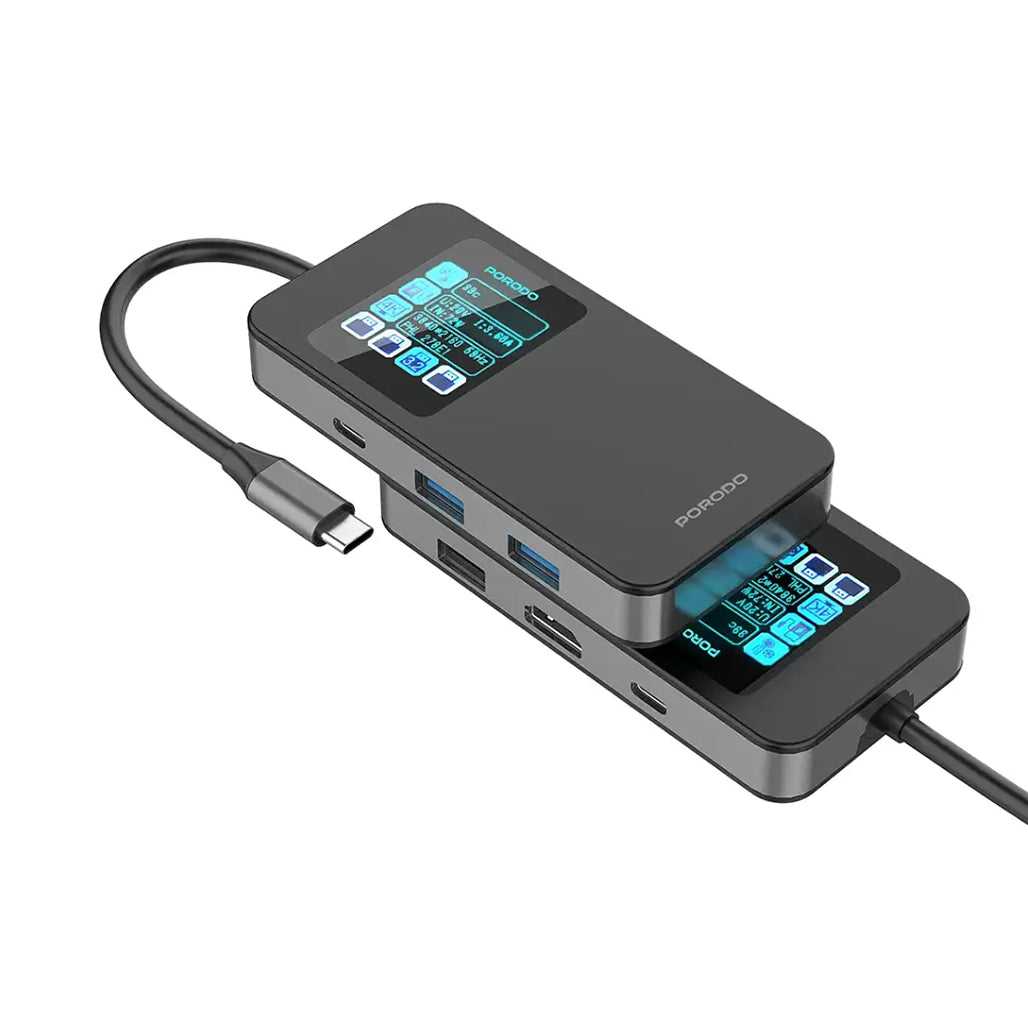 A Photo Of Porodo 6-In-1 Multi-Port USB-C Hub with Smart Digital Display
