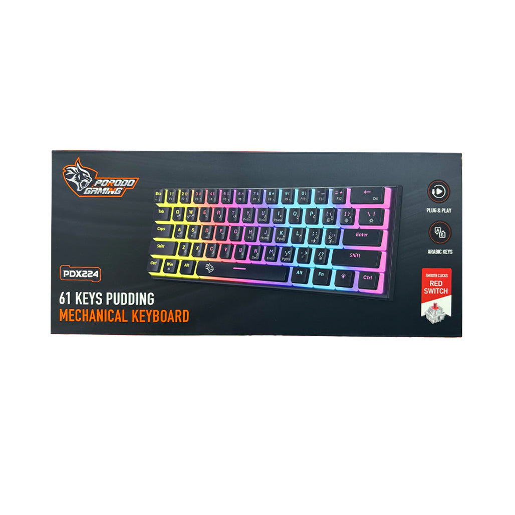 A Photo Of Porodo Gaming PDX224 61-Key Mechanical Keyboard - Pudding Keycaps, Red Switches