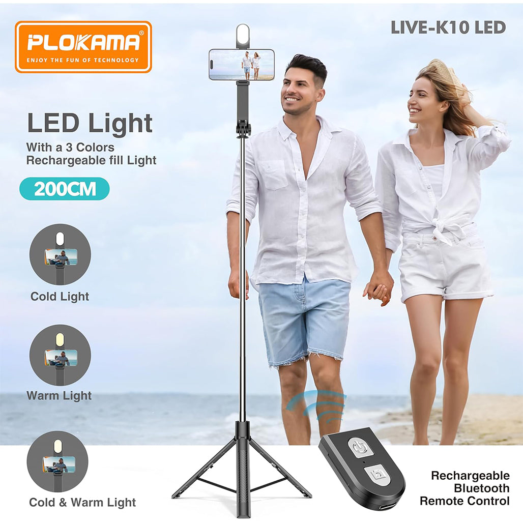 A Photo Of Plokama Live K10 Pro - LED Selfie Stick Portable Tripod 200cm