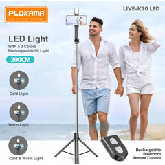 A Photo Of Plokama Live K10 Pro - LED Selfie Stick Portable Tripod 200cm