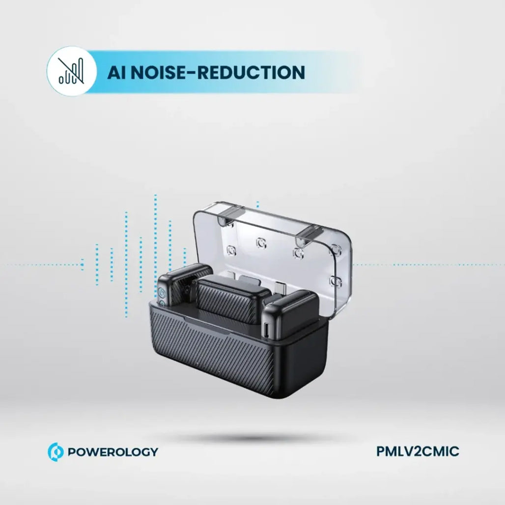 A Photo Of Powerology Wireless Dual Microphone Set – Professional Bluetooth 5.2 Lavalier System with AI Noise Reduction & Charging Case – 50m Range – Black