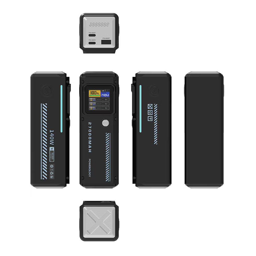 A Photo Of Powerology 27000mAh 140W PD Smart Display Power Bank – USB-C & USB-A Ports, Fast Laptop Charging, Compact Travel Battery Pack – Black