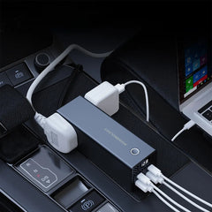 A Photo Of Powerology 300W Universal Car Power Inverter with Dual AC Outlets, USB-C PD 36W, QC 3.0 USB-A – Black