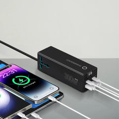 A Photo Of Powerology 300W Universal Car Power Inverter with Dual AC Outlets, USB-C PD 36W, QC 3.0 USB-A – Black