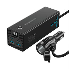 A Photo Of Powerology 300W Universal Car Power Inverter with Dual AC Outlets, USB-C PD 36W, QC 3.0 USB-A – Black