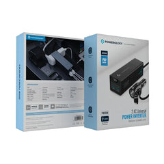 A Photo Of Powerology 300W Universal Car Power Inverter with Dual AC Outlets, USB-C PD 36W, QC 3.0 USB-A – Black