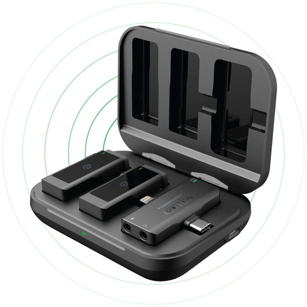 A Photo Of Powerology PWMIC2BK MFI Dual Connector Wireless Lavalier Microphone Set