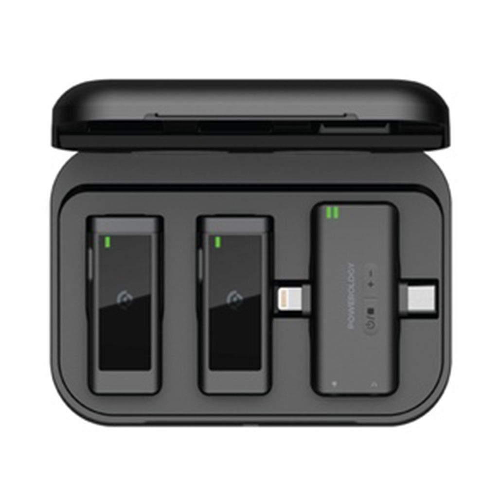 A Photo Of Powerology PWMIC2BK MFI Dual Connector Wireless Lavalier Microphone Set