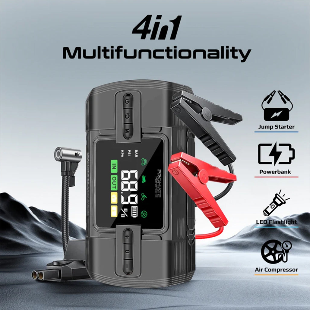 A Photo Of Promate PatrolPack-3 Car Jump Starter with 150PSI Air Compressor, 12000mAh Power Bank & LED Flashlight
