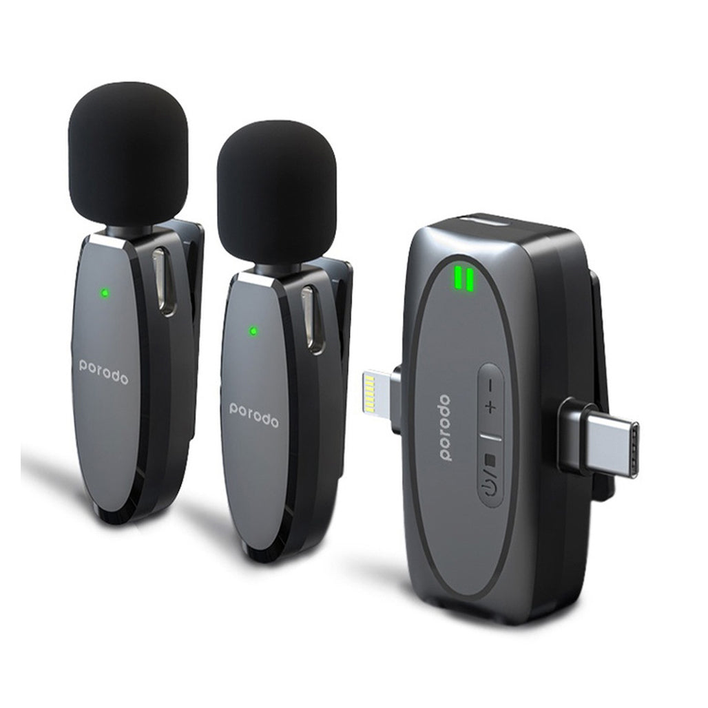 A Photo Of Porodo Dual Connector Lavalier Microphone Dual Mic - Black