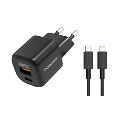 A Photo Of Porodo Dual Port Wall Charger (with C to C / C to L Cable) - Black