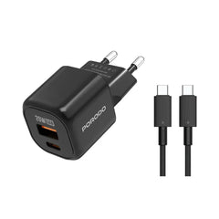 A Photo Of Porodo Dual Port Wall Charger (with C to C / C to L Cable) - Black