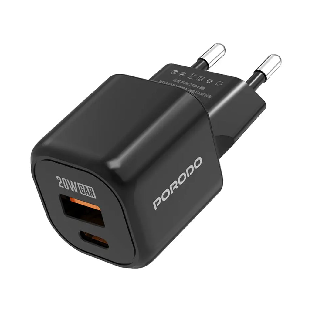 A Photo Of Porodo Dual Port Wall Charger (with C to C / C to L Cable) - Black