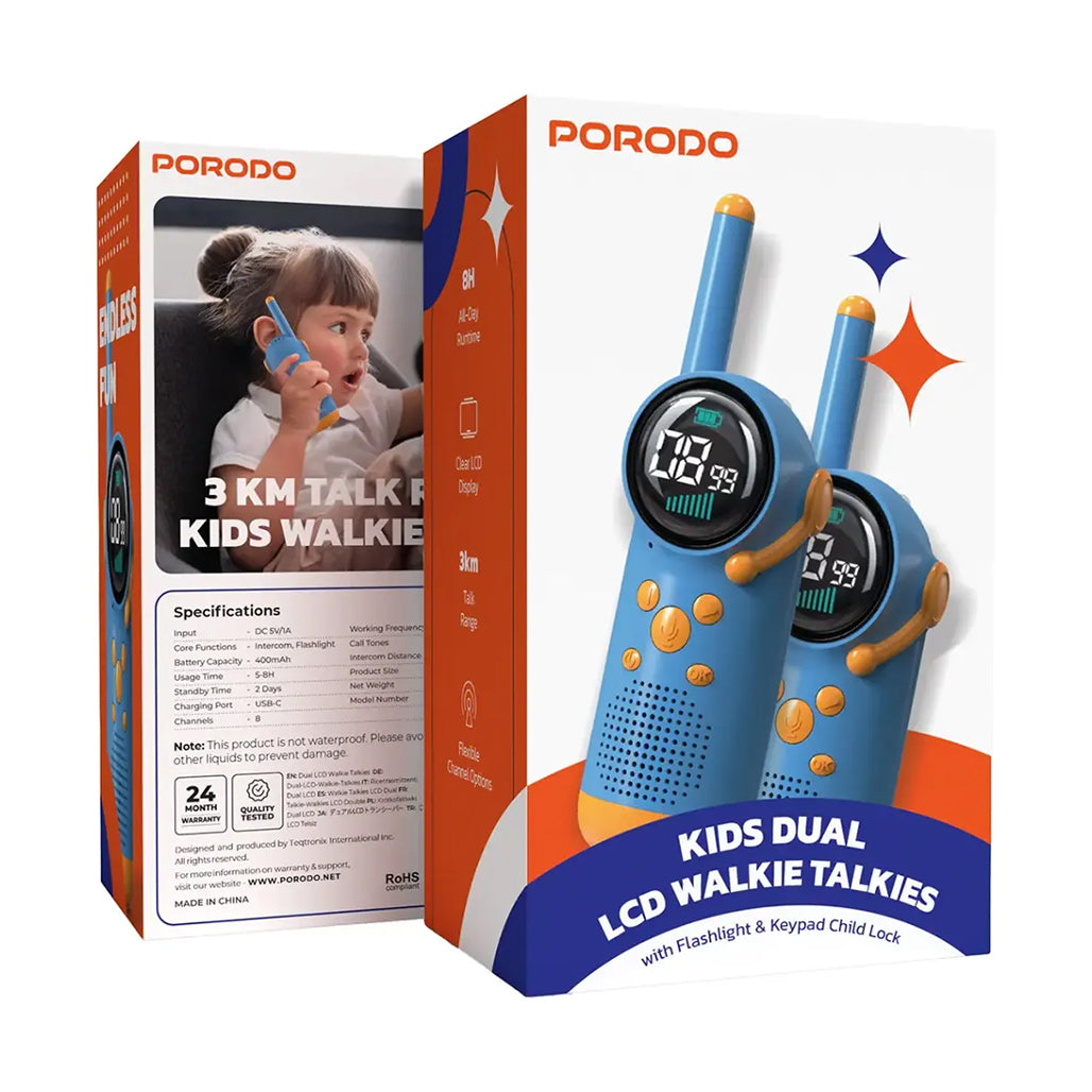 A Photo Of Porodo Kids Dual LCD Walkie Talkies with Flashlight & Keypad Child Lock