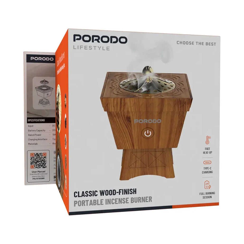 A Photo Of Porodo Lifestyle Classic Wood-Finish Portable Incense Burner