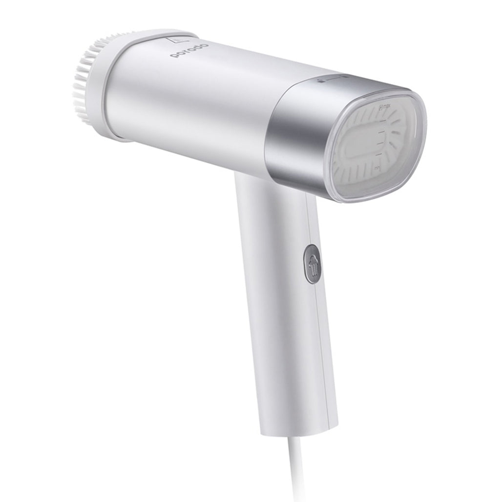 A Photo Of Porodo Lifestyle Foldable Handheld Steamer With Fabric Brush+water Cup+travel bag 1200W UK- White