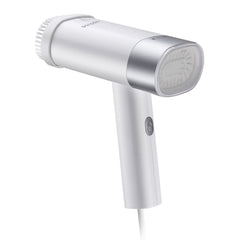 A Photo Of Porodo Lifestyle Foldable Handheld Steamer With Fabric Brush+water Cup+travel bag 1200W UK- White