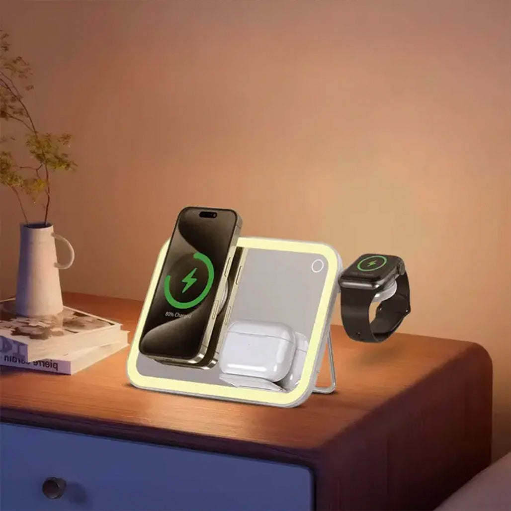 A Photo Of Porodo Multi-Device Wireless Charging Mirror with LED Lights – MagSafe, Adjustable Stand, and Night Light