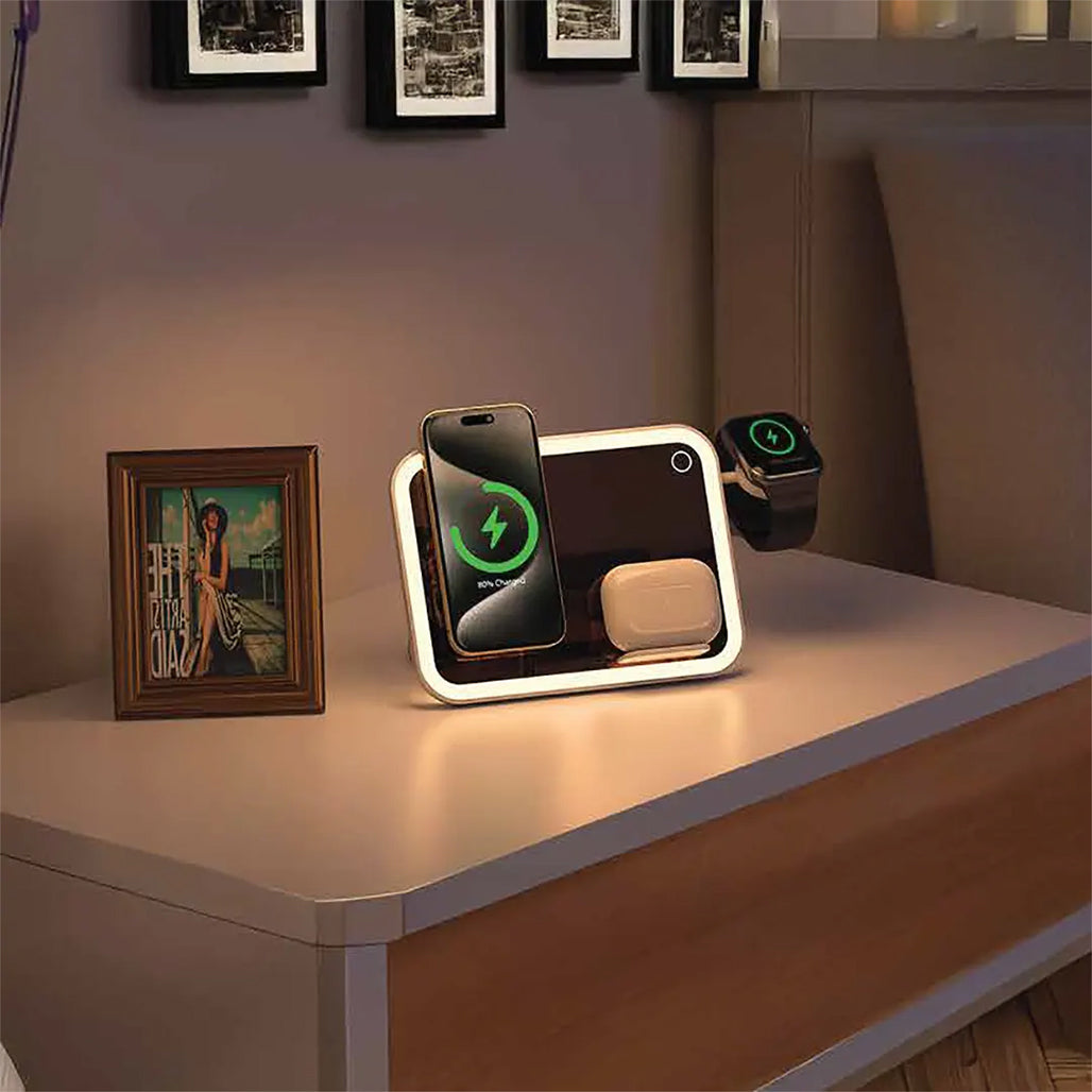 A Photo Of Porodo Multi-Device Wireless Charging Mirror with LED Lights – MagSafe, Adjustable Stand, and Night Light