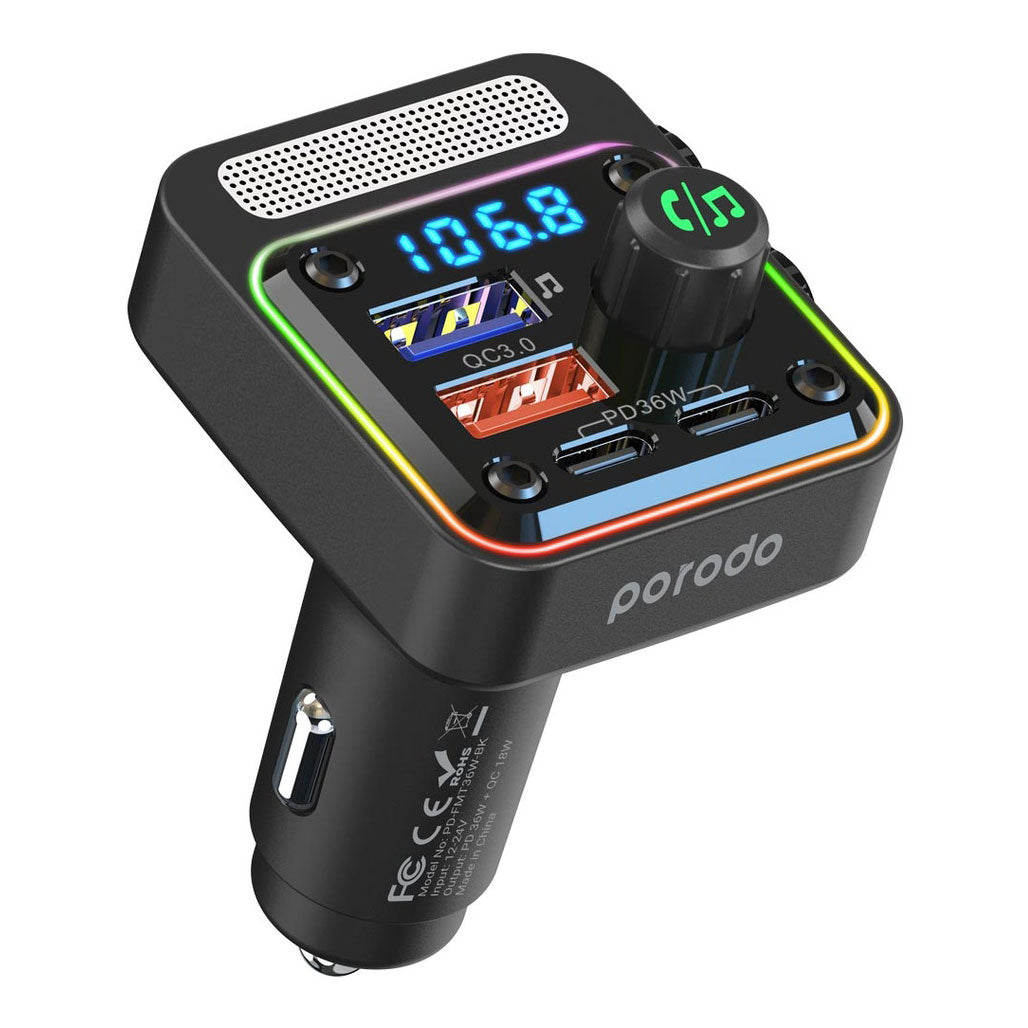 A Photo Of Porodo Quick-Charge FM Car Charger ( Dual USB-C & USB-A ) PD 36W - Black