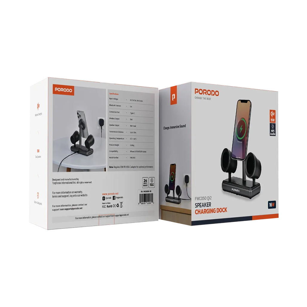 A Photo Of Porodo Wireless Speaker Charging Dock – 15W Fast Charger with Dual HiFi Speakers