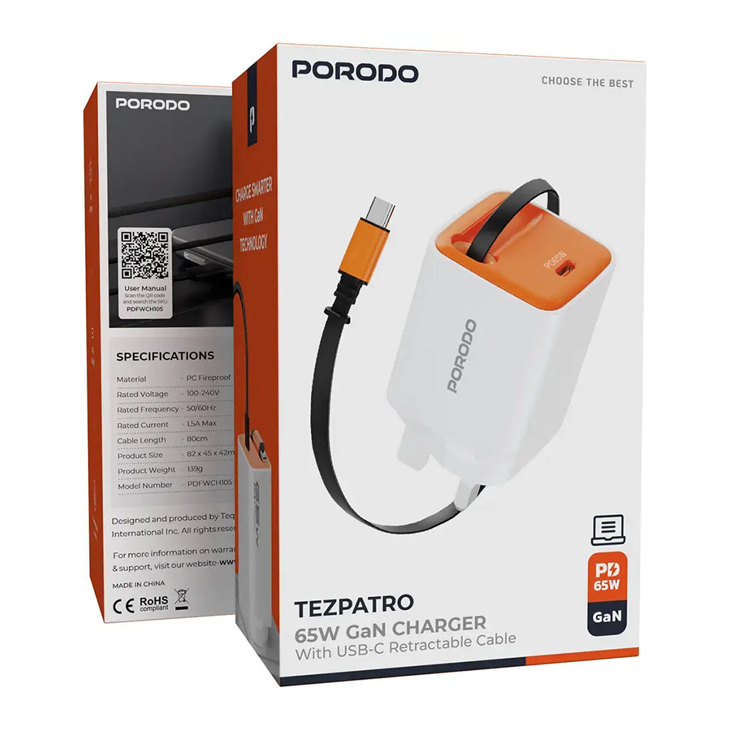 A Photo Of Porodo Tezpatro 65W GaN Charger with USB-C Retractable Cable