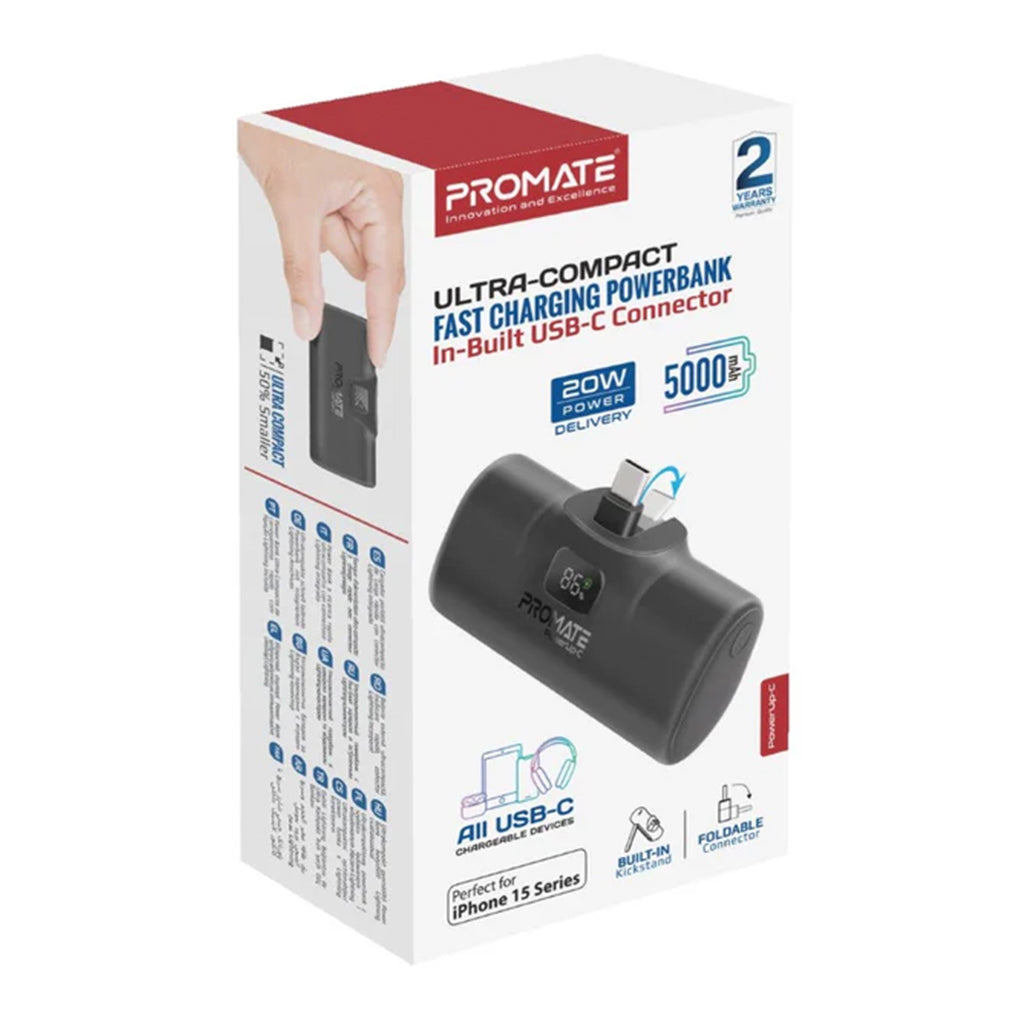 A Photo Of Promate PowerUp-C - 5000mAh 20W USB-C Power Bank with Built-In USB-C Connector