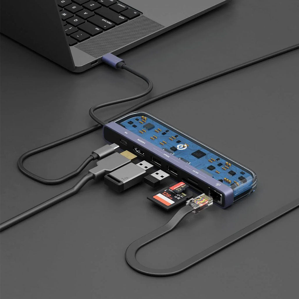 A Photo Of Powerology 7-in-1 USB-C Multi Hub Crystalline Series - 4K HDMI, 1000Mbps Ethernet, 100W PD Charging