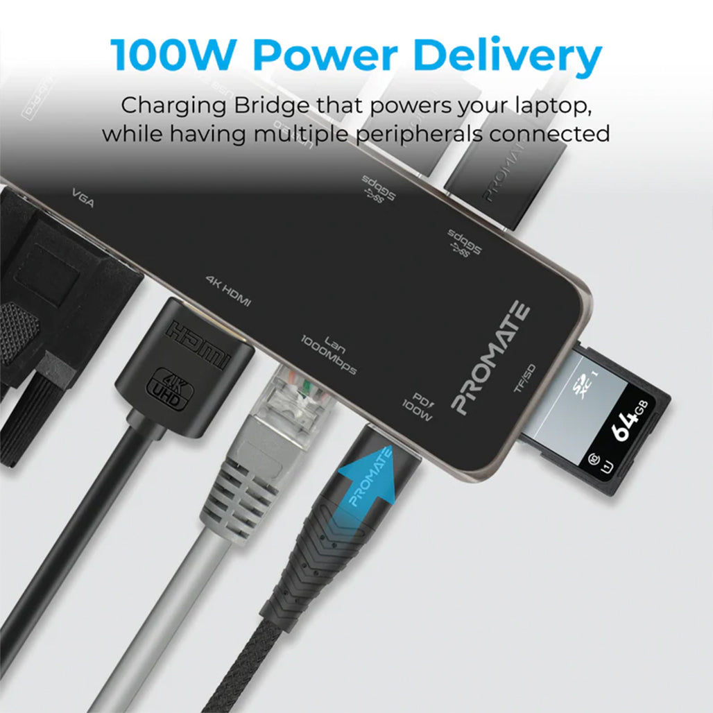 A Photo Of Promate PrimeHub-Pro Ultra-Fast Multiport USB-C Hub with 100W Power Delivery, 4K HDMI, VGA, Ethernet, USB Ports, SD/TF Card Reader