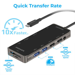 A Photo Of Promate PrimeHub-Pro Ultra-Fast Multiport USB-C Hub with 100W Power Delivery, 4K HDMI, VGA, Ethernet, USB Ports, SD/TF Card Reader