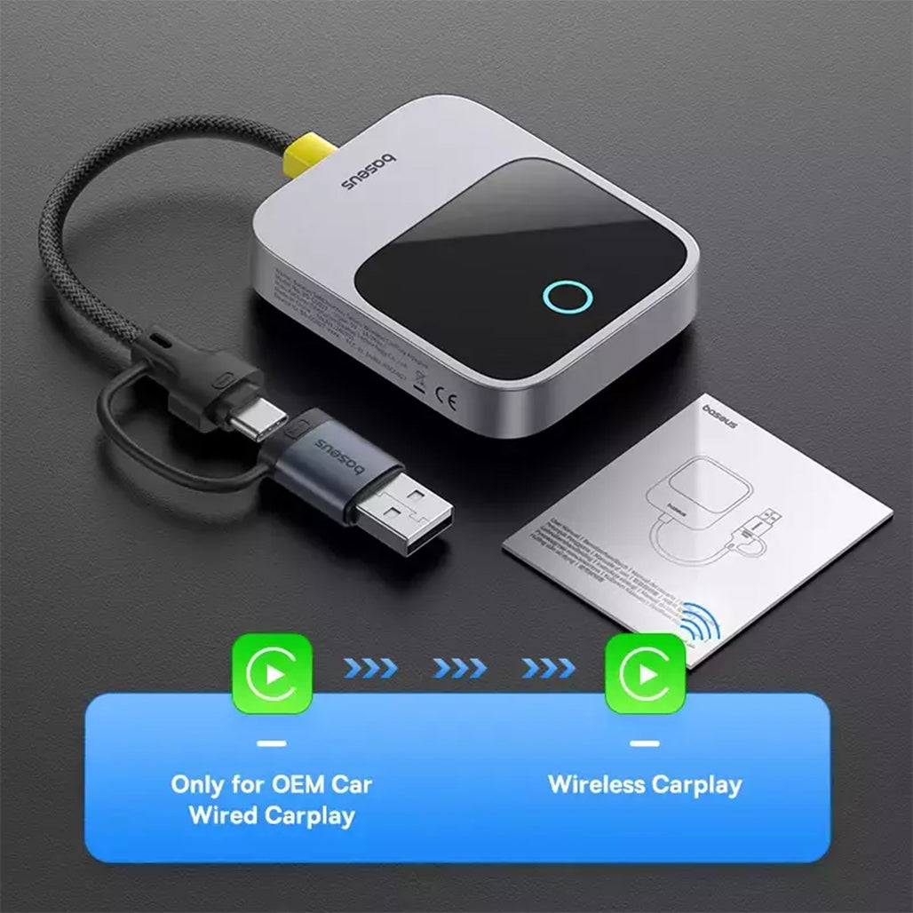 A Photo Of Baseus Prime Trip Safe Journey Wireless CarPlay Adapter for iPhone - Converts Wired CarPlay to Wireless, Dual-Screen