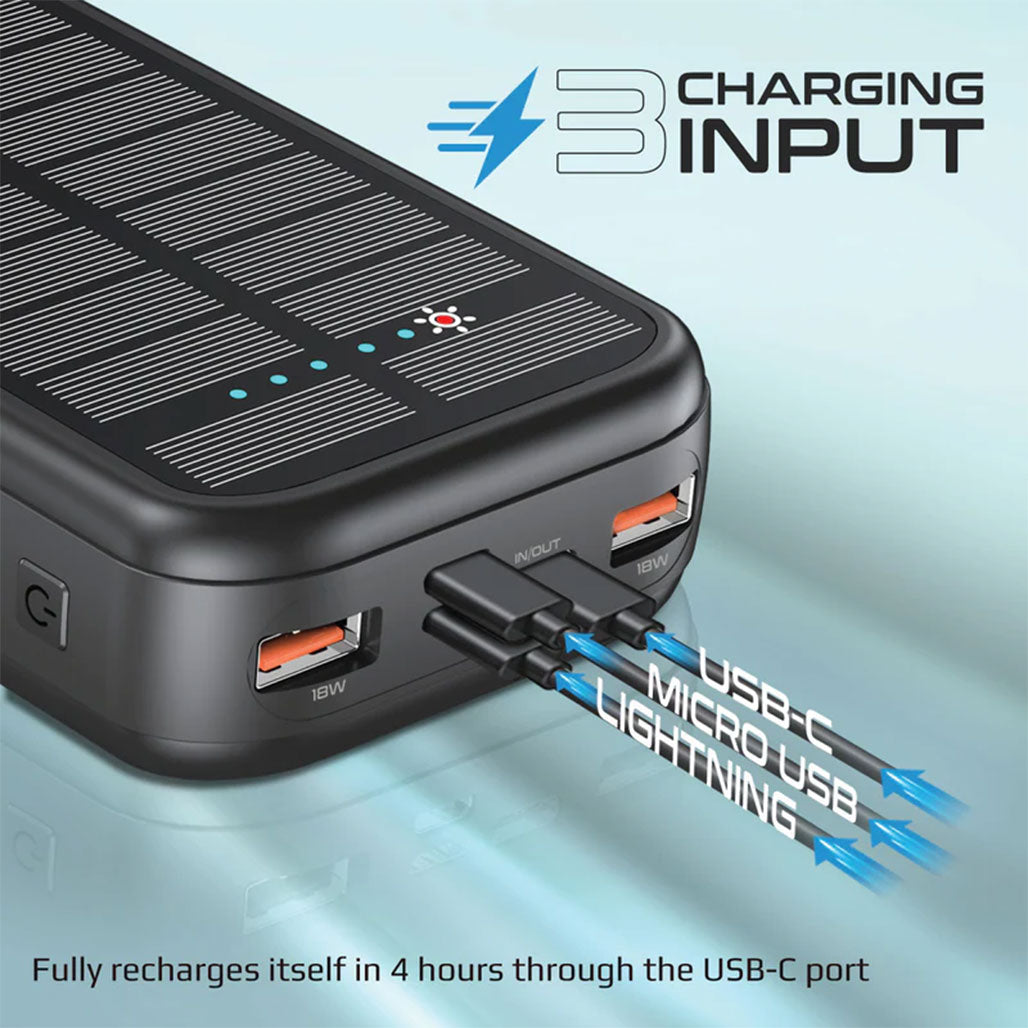 A Photo Of Promate SolarTank-20PDCi 20000mAh EcoLight™ Solar Power Bank with Built-in USB-C & Lightning Cables - Rugged, Quick Charging, Multi-Device Support