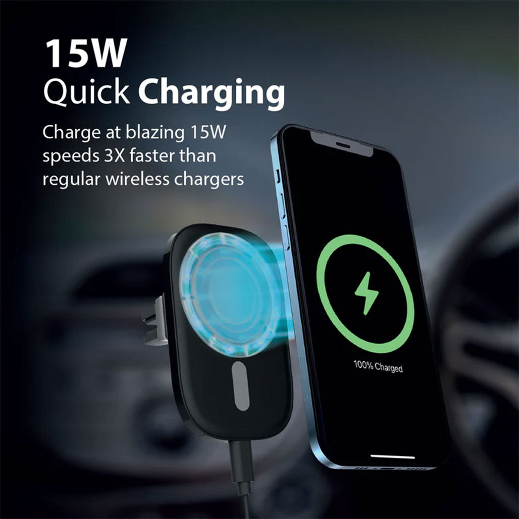 A Photo Of Promate VentMag-15W Magnetic Wireless Charging Car Mount | 15W Fast Charging, MagSafe Compatible, No-Arm Design