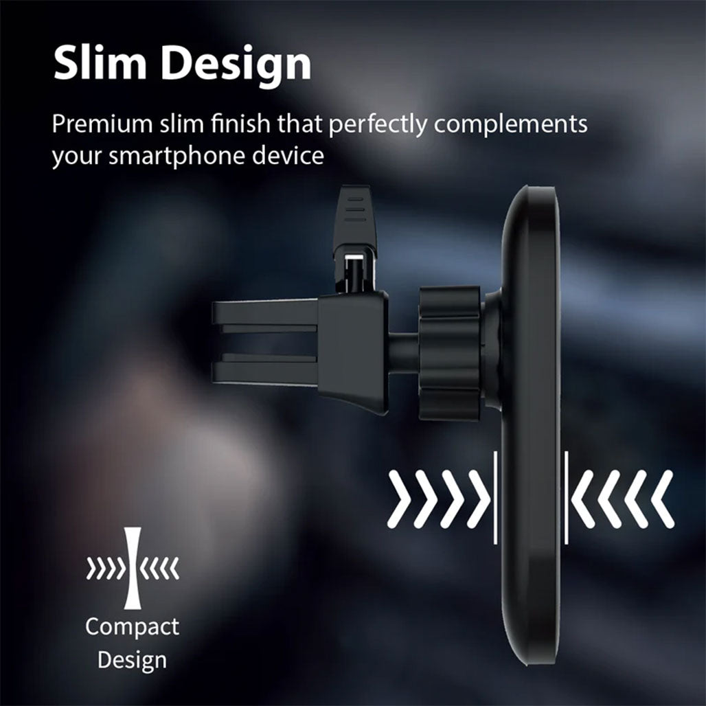 A Photo Of Promate VentMag-15W Magnetic Wireless Charging Car Mount | 15W Fast Charging, MagSafe Compatible, No-Arm Design