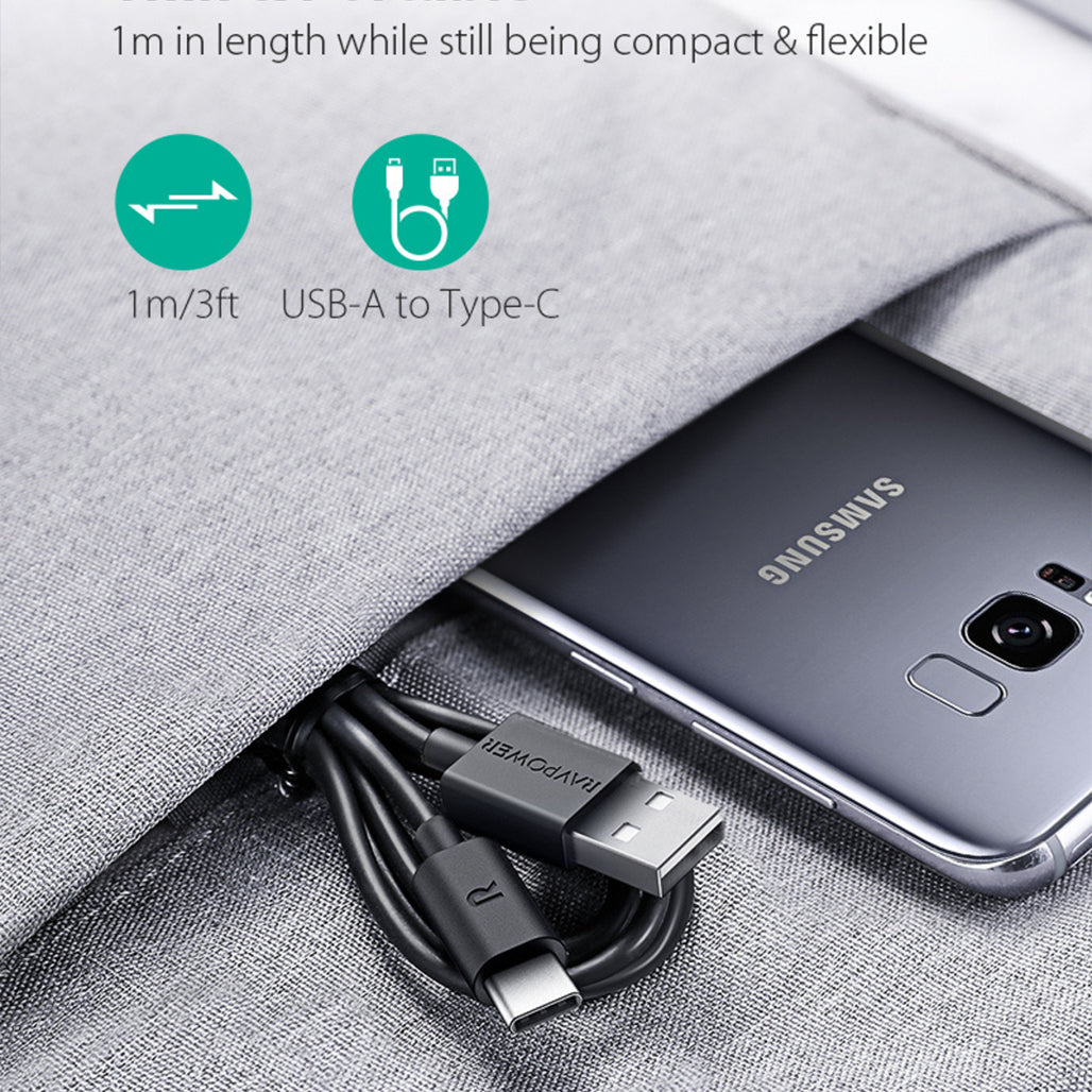 A Photo Of RAVPower RP-CB044 USB-A to USB-C Cable – 60W Fast Charging, 1M TPE Cord for iPhone 16, Galaxy S23, Pixel & More