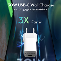 A Photo Of RAVPower RP-PC1056 30W USB-C GaN Wall Charger – PD 3.0 Fast Charging, Ultra-Compact Design, EU Plug | Ideal for MacBook Air 2023