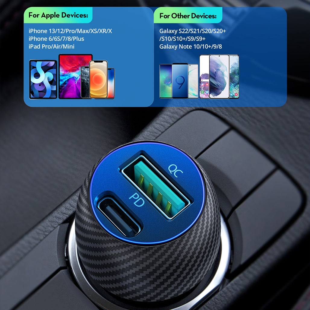 A Photo Of RAVPower RP-VC030 49W Dual USB Car Charger – USB-C PD 25W & USB-A QC3.0 24W | Fast Charging Adapter for iPhone, Android & GPS