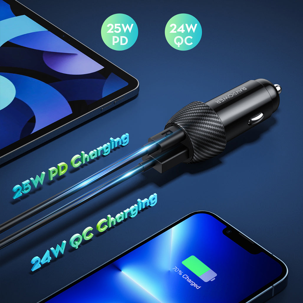 A Photo Of RAVPower RP-VC030 49W Dual USB Car Charger – USB-C PD 25W & USB-A QC3.0 24W | Fast Charging Adapter for iPhone, Android & GPS