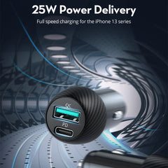 A Photo Of RAVPower RP-VC030 49W Dual USB Car Charger – USB-C PD 25W & USB-A QC3.0 24W | Fast Charging Adapter for iPhone, Android & GPS