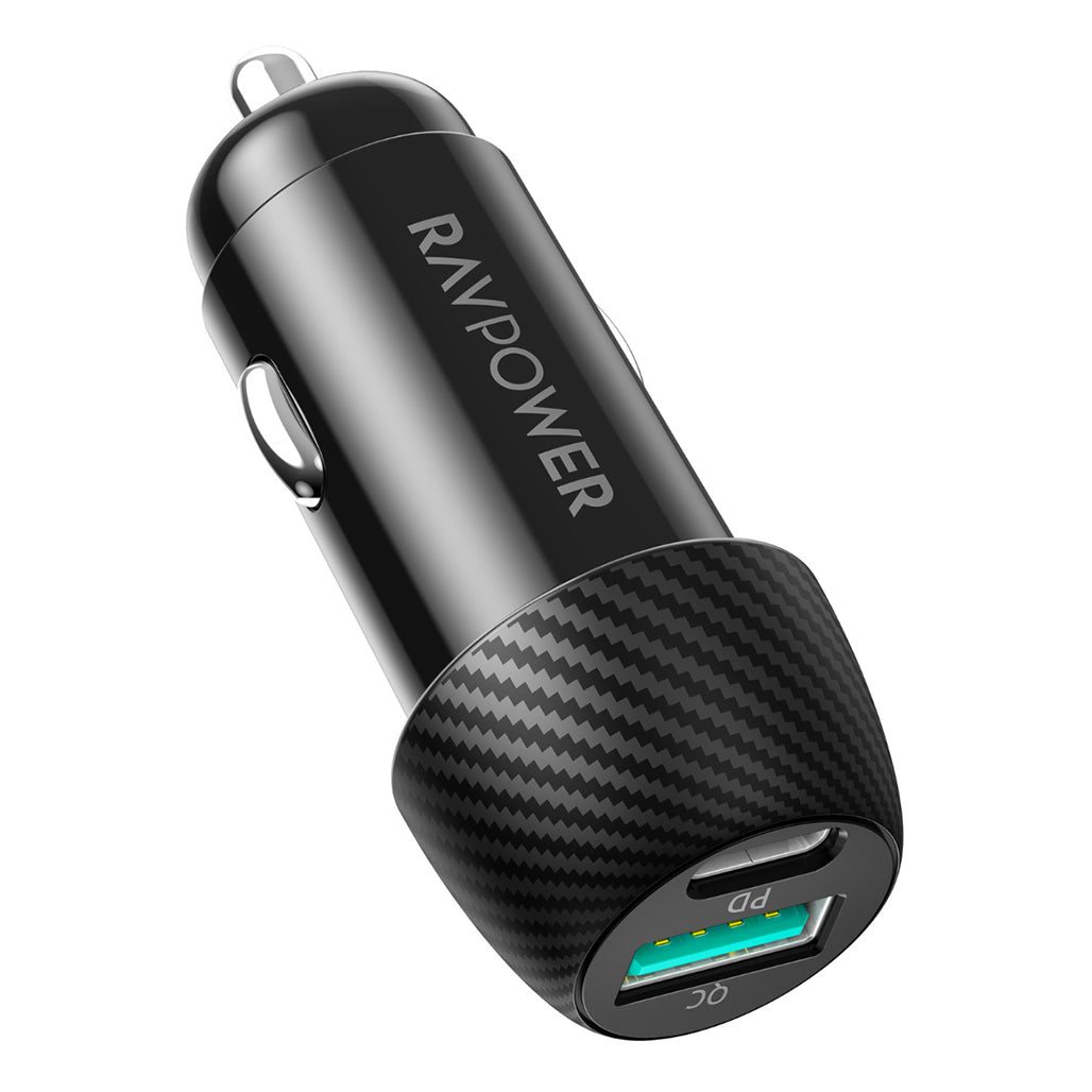 A Photo Of RAVPower RP-VC030 49W Dual USB Car Charger – USB-C PD 25W & USB-A QC3.0 24W | Fast Charging Adapter for iPhone, Android & GPS